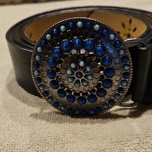 Black Belt with Light & Medium Blue Beaded Embellished Buckle